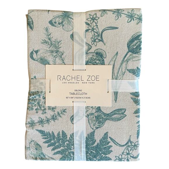 RACHEL ZOE Easter Tablecloth 60 x 84 Bunnies Ivory Green Silver Glitter New - Picture 1 of 10